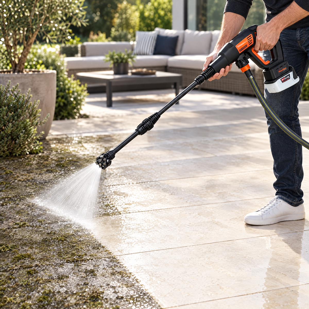 Cleaning a stone patio, before and after