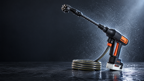 Cordless pressure washer on dark slate with water mist